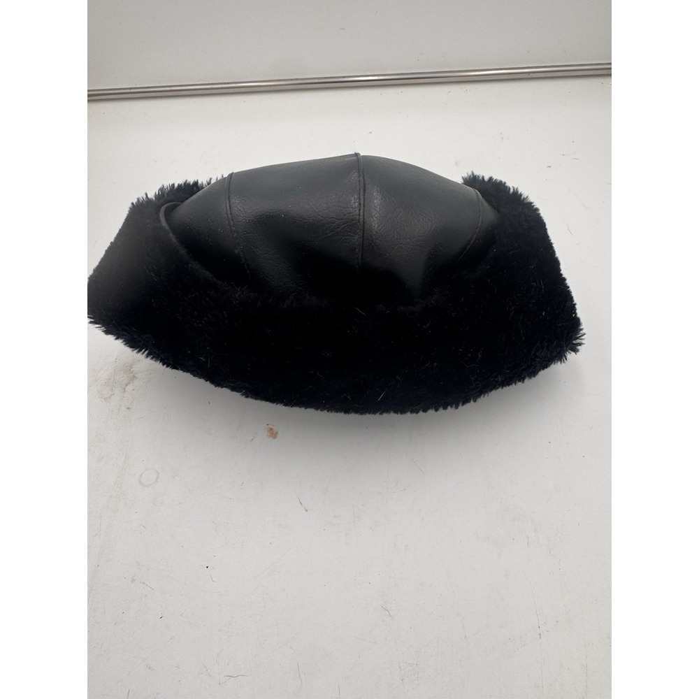 VTG YR men's SI‎ duck trapper hat black leather dark blue fur metal snaps size M